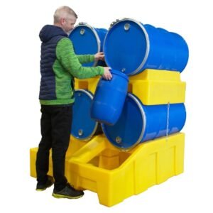 Horizontal drum storage spill pallet stacker