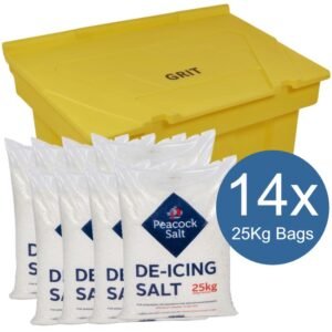 350 litre 400kg grit bin with 14x 25kg bags of white de-icing salt